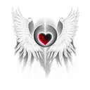 Red & Black Heart with a Ying yang sign inside and angel wings attached to the heart.                        Hanging fro tattoo design idea