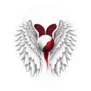 Red & Black Heart with a Ying yang sign inside and angel wings attached to the heart.                        Hanging fro tattoo design idea