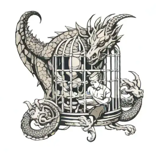 dragon in a Cage in front of a kid Reading a book open tattoo design idea