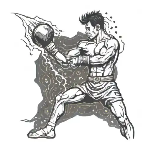 A Muay Thai fighter standing in the middle of a storm with lightning striking around them, symbolizing the power and strength of both the fighter and the derecho weather phenomenon tattoo design idea