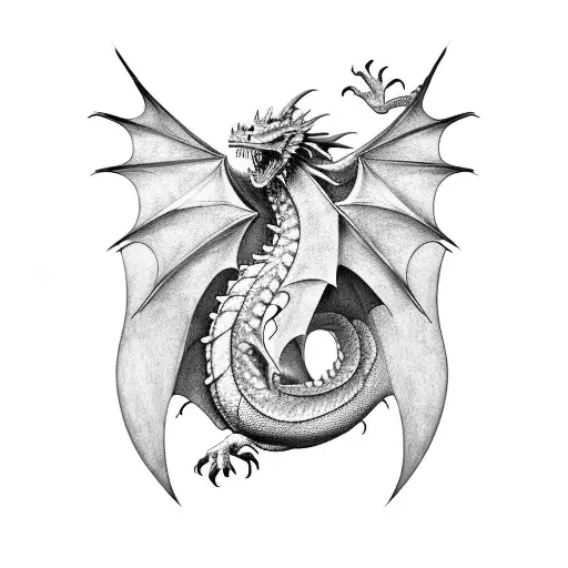 A dragon curled around a stack of books tattoo design idea