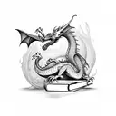A dragon curled around a stack of books tattoo design idea