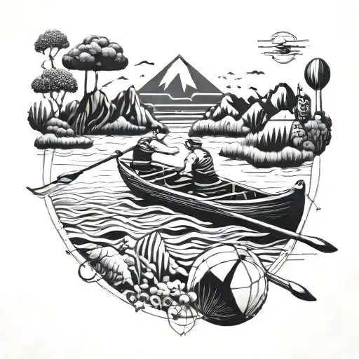 A geometric design incorporating elements of rowing and climbing, with subtle references to fishing and beach activities tattoo design idea