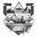 A geometric design incorporating elements of rowing and climbing, with subtle references to fishing and beach activities tattoo design idea