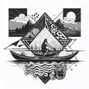 A geometric design incorporating elements of rowing and climbing, with subtle references to fishing and beach activities tattoo design idea