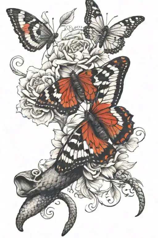 butterfly on a flower and a snake coiled with black and red and some tinge of different colours  tattoo design idea