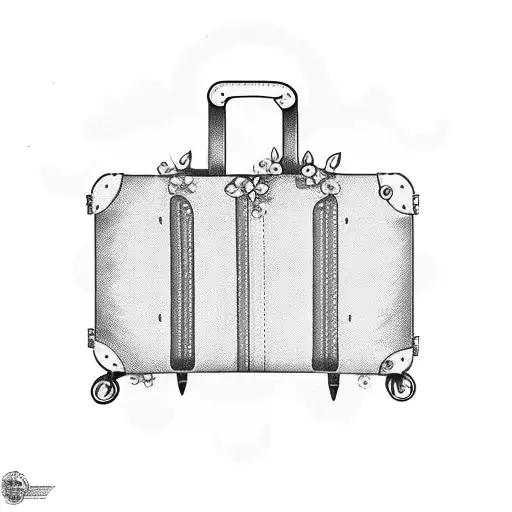 A vintage suitcase with a dog peeking out, filled with flowers and beach essentials tattoo design idea
