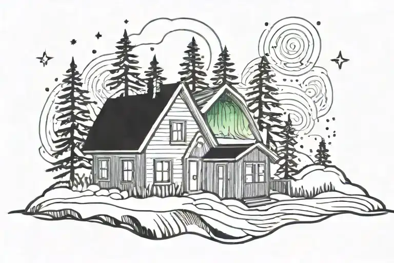 northern lights with a little house in background black and white tattoo design idea