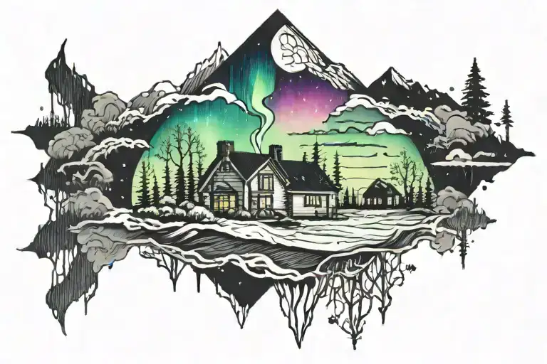 northern lights with a little house in background tattoo design idea