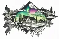 northern lights with a little house in background tattoo design idea
