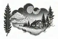 northern lights with a little house in background tattoo design idea