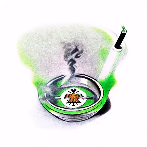 An ashtray with a cigarette. Green in color with a black background. tattoo design idea