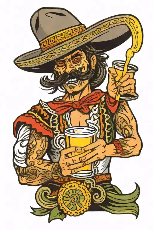 mexican drinking tequila shot with sombrero tattoo design idea