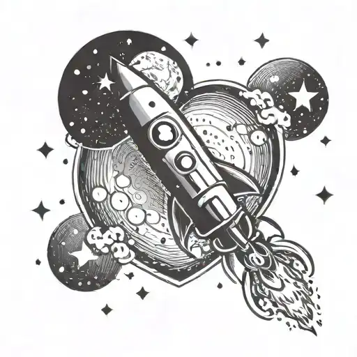A cosmic scene of a rocket ship flying towards a heart-shaped moon tattoo design idea