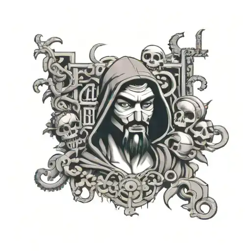 A homage to Casa de Papel with a mask-wearing figure surrounded by symbols of wealth and rebellion tattoo design idea