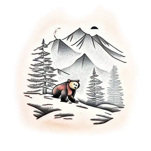 smoky mountain scene with a tree and a bear tattoo design idea