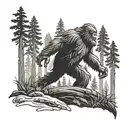 A black-grey tattoo of a mysterious Bigfoot creature lurking in the shadows of a dense forest tattoo design idea