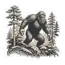 A black-grey tattoo of a mysterious Bigfoot creature lurking in the shadows of a dense forest tattoo design idea