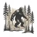 A black-grey tattoo of a mysterious Bigfoot creature lurking in the shadows of a dense forest tattoo design idea