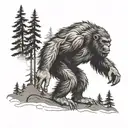 A black-grey tattoo of a mysterious Bigfoot creature lurking in the shadows of a dense forest tattoo design idea