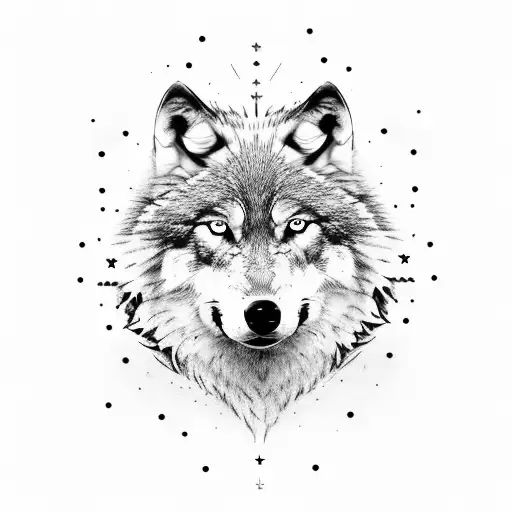 wolf walking at night with stary sky, stars are arranged in the shape of roman numerals 11 tattoo design idea