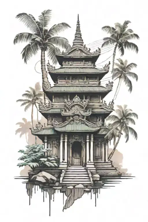 an edm music inspired tatto with cambodian temple in background tattoo design idea