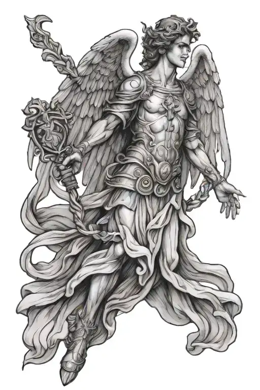 Archangel Raphael holding a caduceus tattoo design idea