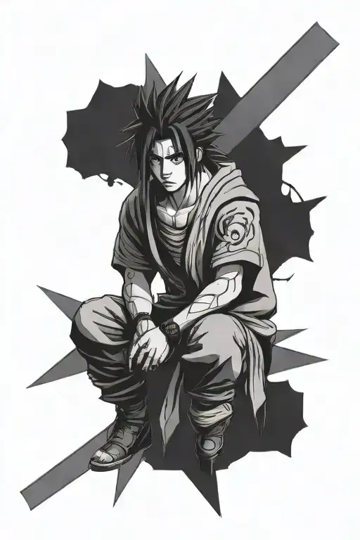 Sasuke Uchiha sitting on top of 3 crosses tattoo design idea
