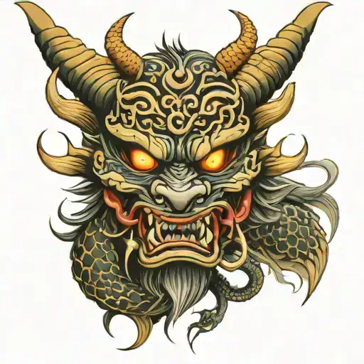 oni mask dragon intertwined tattoo design idea