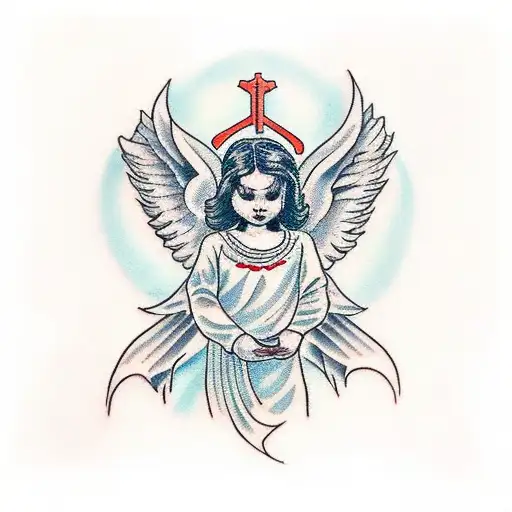 A traditional style tattoo of an angel with a halo, holding a banner with the year 2024, honoring the memory of your grandma tattoo design idea