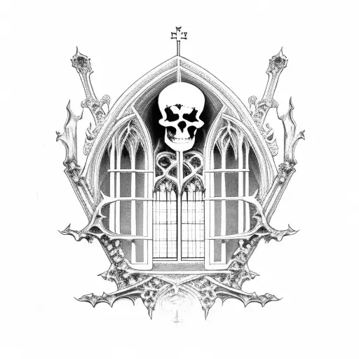 gothic cathedral window with skeleton king sitting on throne holding a sword in the foreground tattoo design idea