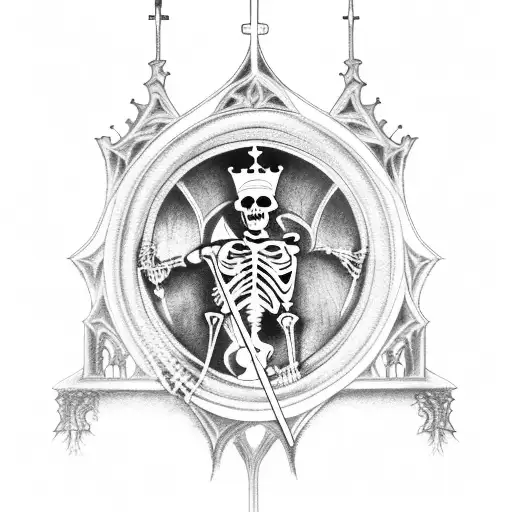 gothic cathedral window with skeleton king sitting on throne holding a sword in the foreground tattoo design idea