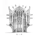 gothic cathedral window with skeleton king sitting on throne holding a sword in the foreground tattoo design idea