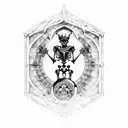 gothic cathedral window with skeleton king sitting on throne holding a sword in the foreground tattoo design idea