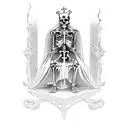 gothic cathedral window with skeleton king sitting on throne holding a sword in the foreground tattoo design idea