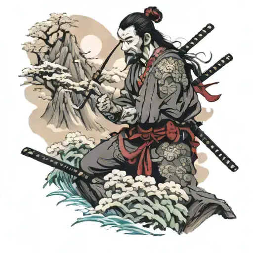 samurai and christain cross on mountain tattoo design idea