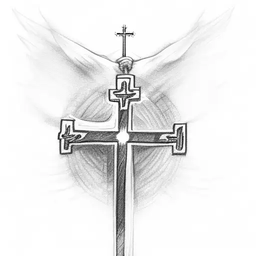 sketch in black on a white background the cross to the right of the cross is praying to Christ and the devil is praying  tattoo design idea