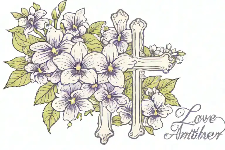 Love one another with viola flowers and cross  tattoo design idea