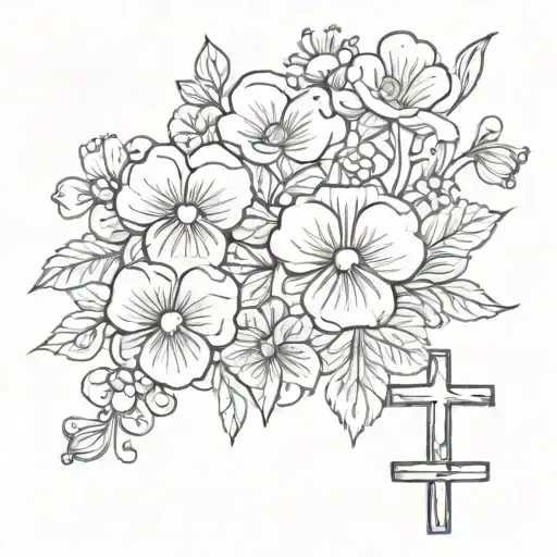 love one another with viola flowers and a cross   tattoo design idea
