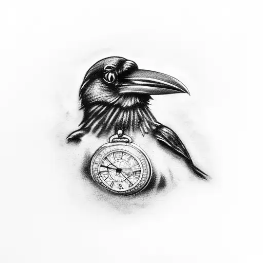Raven holding a pocket watch by the chain in its mouth tattoo design idea