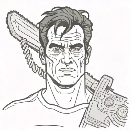 Ash Williams' face with a chainsaw behind it tilted to the right tattoo design idea