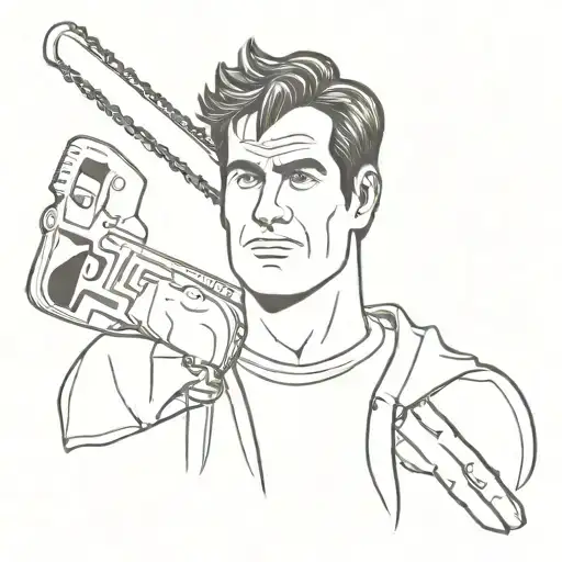 Ash Williams' face with a chainsaw behind it tilted to the right tattoo design idea