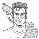 Ash Williams' face with a chainsaw behind it tilted to the right tattoo design idea