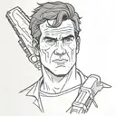 Ash Williams' face with a chainsaw behind it tilted to the right tattoo design idea