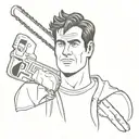 Ash Williams' face with a chainsaw behind it tilted to the right tattoo design idea