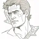 Ash Williams' face with a chainsaw behind it tilted to the right tattoo design idea