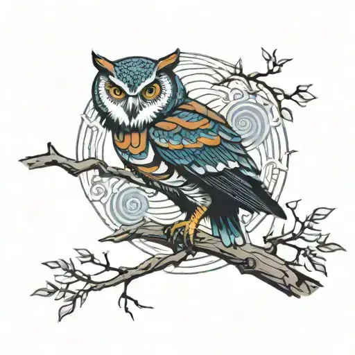 rinnegan-wielding owl on a tree near a stream with a rinnegan-wielding fox tattoo design idea
