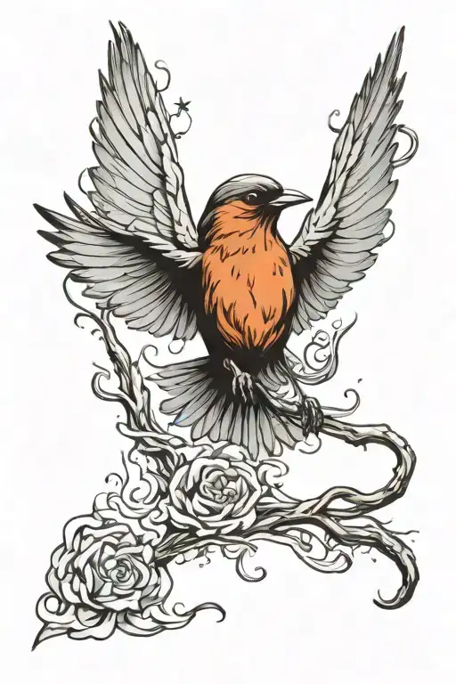 robin bird flying out of flames left arm sleeve tattoo design idea