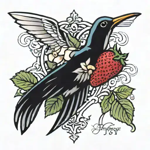 cross, strawberry, humminbird, name joy written in french script tattoo design idea