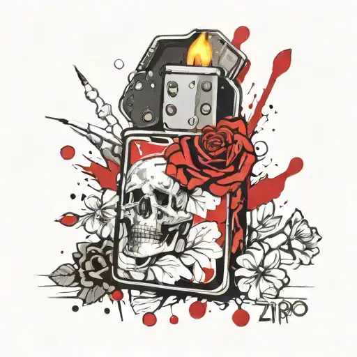 lit zippo lighter with roses  tattoo design idea